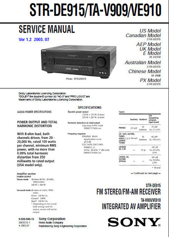 SONY STR-DE915 FM STEREO FM AM RECEIVER TA-V909 VE-910 INTEGRATED AV AMPLIFIER SERVICE MANUAL INC BLK DIAGS PCBS SCHEM DIAGS AND PARTS LIST 56 PAGES ENG