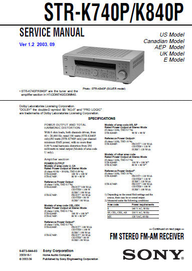 SONY STR-K740P STR-K840P FM STEREO FM AM RECEIVER SERVICE MANUAL INC BLK DIAGS PCBS SCHEM DIAGS AND PARTS LIST 60 PAGES ENG
