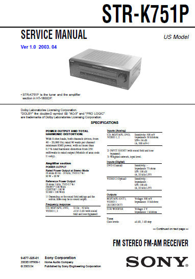 SONY STR-K751P FM STEREO FM AM RECEIVER SERVICE MANUAL INC BLK DIAGS PCBS SCHEM DIAGS AND PARTS LIST 40 PAGES ENG