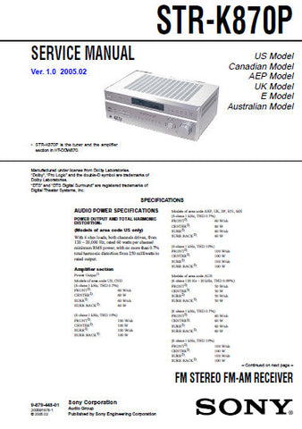 SONY STR-K870P FM STEREO FM AM RECEIVER SERVICE MANUAL INC BLK DIAGS PCBS SCHEM DIAGS AND PARTS LIST 58 PAGES ENG