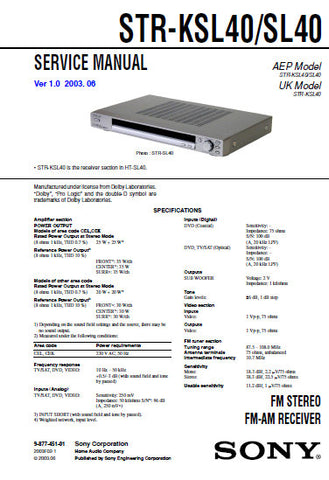SONY STR-KSL40 STR-SL40 FM STEREO FM AM RECEIVER SERVICE MANUAL INC BLK DIAGS PCBS SCHEM DIAGS AND PARTS LIST 33 PAGES ENG