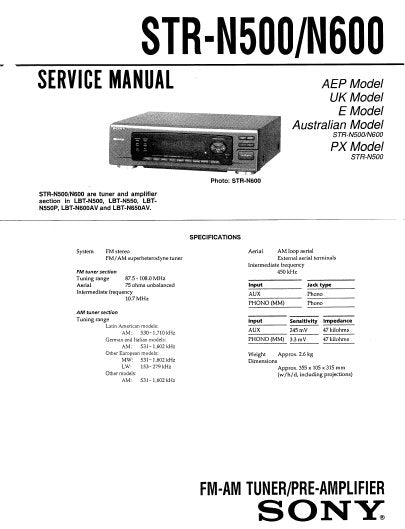 SONY STR-N500 STR-N600 FM AM TUNER PREAMPLIFIER SERVICE MANUAL INC PCBS SCHEM DIAGS AND PARTS LIST 22 PAGES ENG