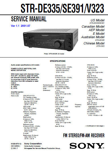 SONY STR-SE391 STR-DE335 STR-V323 FM STEREO FM AM RECEIVER SERVICE MANUAL INC PCBS SCHEM DIAGS AND PARTS LIST 14 PAGES ENG