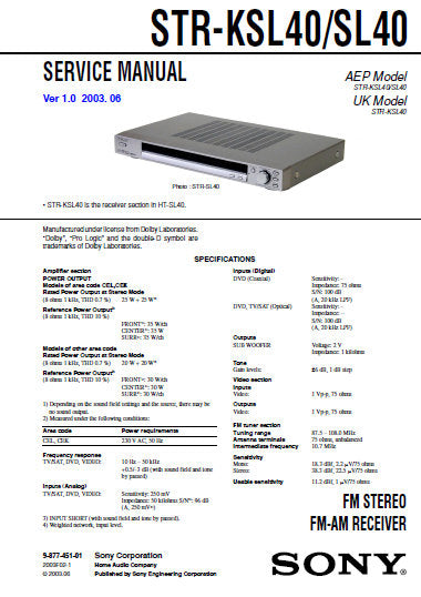 SONY STR-SL40 STR-KSL40 FM STEREO FM AM RECEIVER SERVICE MANUAL INC BLK DIAGS PCBS SCHEM DIAGS AND PARTS LIST 33 PAGES ENG