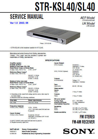 SONY STR-SL40 STR-KSL40 FM STEREO FM AM RECEIVER SERVICE MANUAL INC BLK DIAGS PCBS SCHEM DIAGS AND PARTS LIST 33 PAGES ENG