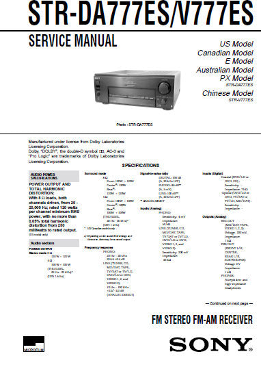 SONY STR-V777ES STR-DA777ES FM STEREO FM AM RECEIVER SERVICE MANUAL INC BLK DIAGS PCBS SCHEM DIAGS AND PARTS LIST 80 PAGES ENG