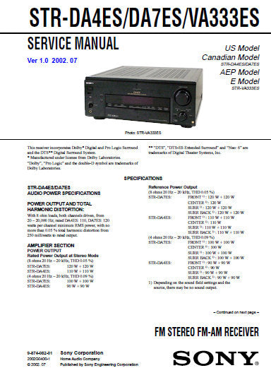 SONY STR-VA333ES STR-DA4ES STR-DA7ES FM STEREO FM AM RECEIVER SERVICE MANUAL INC BLK DIAGS PCBS SCHEM DIAGS AND PARTS LIST 116 PAGES ENG