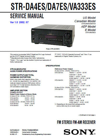 SONY STR-VA333ES STR-DA4ES STR-DA7ES FM STEREO FM AM RECEIVER SERVICE MANUAL INC BLK DIAGS PCBS SCHEM DIAGS AND PARTS LIST 116 PAGES ENG