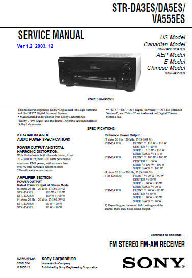 SONY STR-VA555ES STR-DA3ES STR-DA5ES FM STEREO FM AM RECEIVER SERVICE MANUAL INC BLK DIAGS PCBS SCHEM DIAGS AND PARTS LIST 82 PAGES ENG