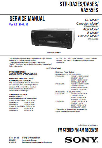 SONY STR-VA555ES STR-DA3ES STR-DA5ES FM STEREO FM AM RECEIVER SERVICE MANUAL INC BLK DIAGS PCBS SCHEM DIAGS AND PARTS LIST 82 PAGES ENG