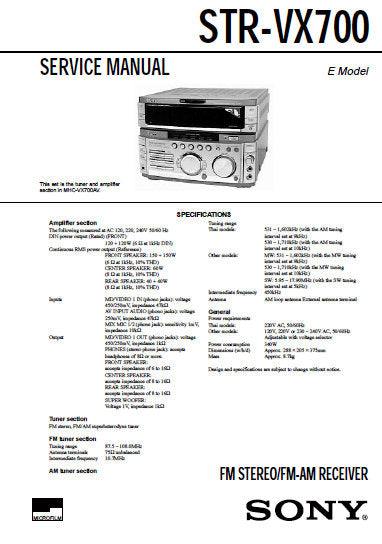 SONY STR-VX700 FM STEREO FM AM RECEIVER SERVICE MANUAL INC BLK DIAGS PCBS SCHEM DIAGS AND PARTS LIST 48 PAGES ENG