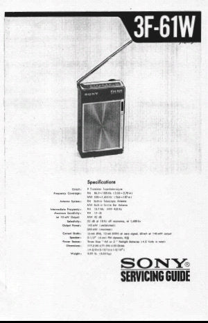 SONY 3F-61W SOLID STATE PORTABLE AM FM RADIO RECEIVER SERVICING GUIDE INC BLK DIAG SCHEM DIAG PCBS AND PARTS LIST 14 PAGES ENG