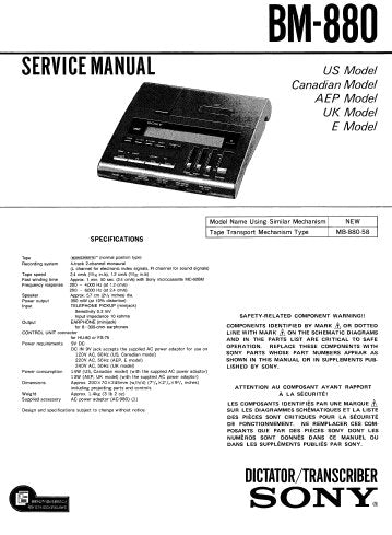 SONY BM-880 MICRO CASSETTE DICTATOR TRANSCRIBER SERVICE MANUAL INC PCBS SCHEM DIAG AND PARTS LIST 44 PAGES ENG