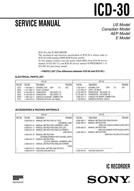 SONY ICD-30 IC RECORDER SERVICE MANUAL 2 PAGES ENG