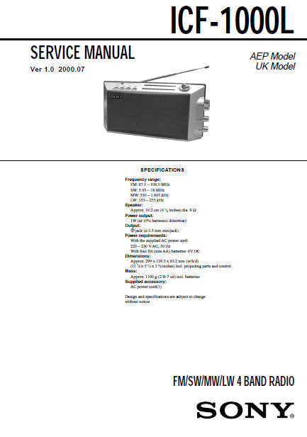 SONY ICF-1000L FM SW MW LW 4 BAND RADIO SERVICE MANUAL INC BLK DIAG PCBS SCHEM DIAG AND PARTS LIST 19 PAGES ENG