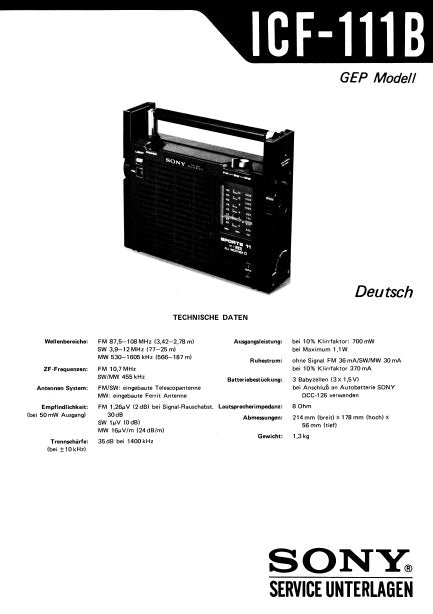 SONY ICF-111B SPORTS 11 ALL WEATHER FM SW MW RADIO SERVICE UNTERLAGEN MIT BLOCKSCHALTBILD SCHALTBILD UND PLATINENANSICHT BEDRUCKUNGSEITE UND ERATZTEILLIST 13 SEITE DEUT