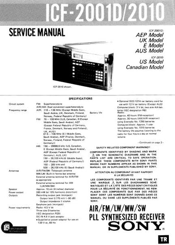 SONY ICF-2001D ICF-2010 AIR FM LW MW SW PLL SYNTHESIZED RECEIVER SERVICE MANUAL INC BLK DIAG PCBS SCHEM DIAG AND PARTS LIST 75 PAGES ENG