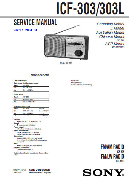 SONY ICF-303 FM AM RADIO ICF-303L FM LW RADIO SERVICE MANUAL INC PCB SCHEM DIAG AND PARTS LIST 10 PAGES ENG