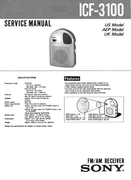 SONY ICF-3100 FM AM RECEIVER SERVICE MANUAL INC BLK DIAG PCBS SCHEM DIAG AND PARTS LIST 12 PAGES ENG