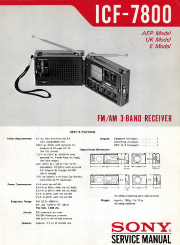 SONY ICF-7800 FM AM 3 BAND RECEIVER SERVICE MANUAL INC BLK DIAG PCBS SCHEM DIAG AND PARTS LIST 16 PAGES ENG