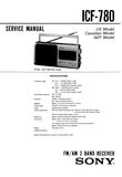 SONY ICF-780 FM AM 2 BAND RECEIVER SERVICE MANUAL INC PCB SCHEM DIAG AND PARTS LIST 11 PAGES ENG