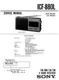 SONY ICF-880L FM MW LW SW 4 BAND RECEIVER SERVICE MANUAL INC PCBS SCHEM DIAG AND PARTS LIST 14 PAGES ENG