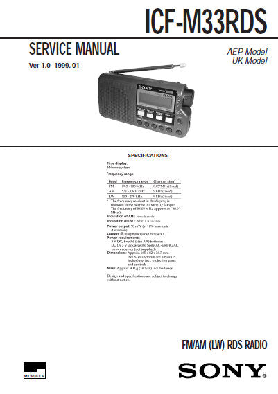 SONY ICF-M33RDS FM AM (LW) RDS RADIO SERVICE MANUAL INC BLK DIAG SCHEM DIAG AND PARTS LIST 22 PAGES ENG