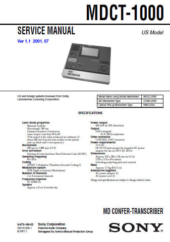 SONY MDCT-1000 MD CONFER-TRANSCORDER SERVICE MANUAL INC PCBS SCHEM DIAGS AND PARTS LIST 94 PAGES ENG