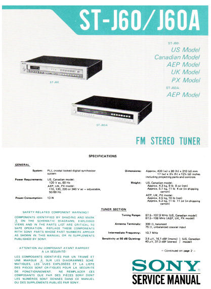 SONY ST-J60 ST-J60A FM STEREO TUNER SERVICE MANUAL INC BLK DIAG PCBS SCHEM DIAG AND PARTS LIST 23 PAGES ENG
