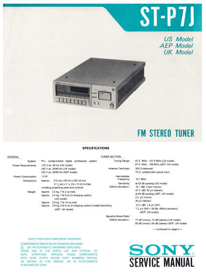 SONY ST-P7J FM STEREO TUNER SERVICE MANUAL INC BLK DIAG PCBS SCHEM DIAG AND PARTS LIST 23 PAGES ENG