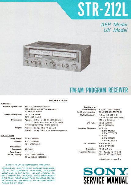 SONY STR-212L FM AM PROGRAM RECEIVER SERVICE MANUAL INC BLK DIAG PCBS SCHEM DIAG AND PARTS LIST 20 PAGES ENG