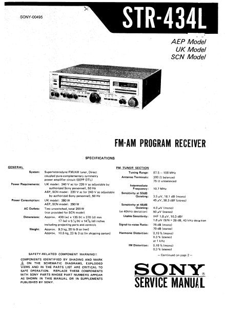 SONY STR-434L FM AM PROGRAM RECEIVER SERVICE MANUAL INC BLK DIAG PCBS SCHEM DIAGS AND PARTS LIST 42 PAGES ENG