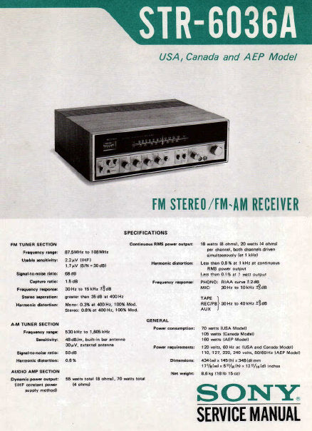 SONY STR-6036A FM STEREO FM AM RECEIVER SERVICE MANUAL INC BLK DIAG PCBS SCHEM DIAG AND PARTS LIST 28 PAGES ENG