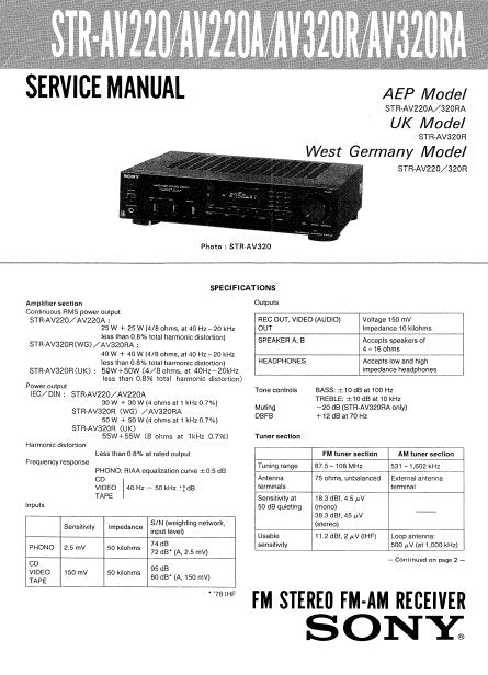 SONY STR-AV220 STR-AV220A STR-AV320R STR-AV320RA FM STEREO FM AM RECEIVER SERVICE MANUAL INC BLK DIAG PCBS SCHEM DIAG AND PARTS LIST 21 PAGES ENG