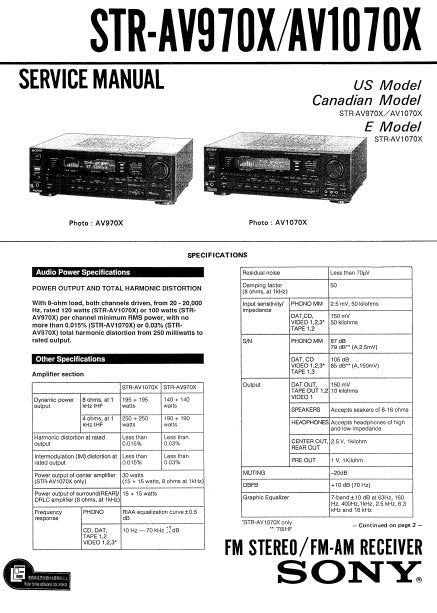 SONY STR-AV970X STR-AV1070X FM STEREO FM AM RECEIVER SERVICE MANUAL INC BLK DIAG PCBS SCHEM DIAGS AND PARTS LIST 35 PAGES ENG