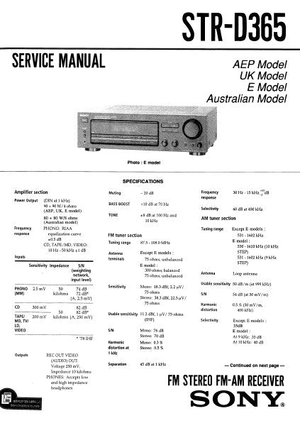 SONY STR-D365 FM STEREO FM AM RECEIVER SERVICE MANUAL INC PCBS SCHEM DIAGS AND PARTS LIST 35 PAGES ENG