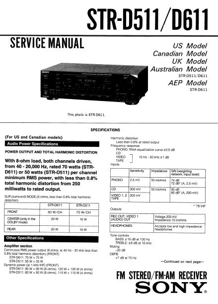 SONY STR-D511 STR-D611 FM STEREO FM AM RECEIVER SERVICE MANUAL INC BLK DIAG PCBS SCHEM DIAGS AND PARTS LIST 27 PAGES ENG