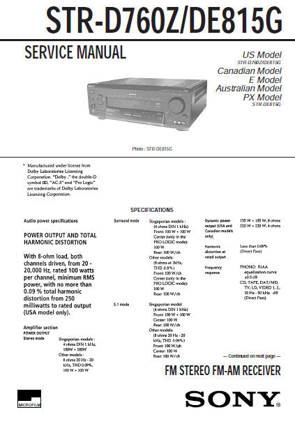 SONY STR-D760Z STR-DE815G FM STEREO FM AM RECEIVER SERVICE MANUAL INC BLK DIAGS PCBS SCHEM DIAGS AND PARTS LIST 72 PAGES ENG