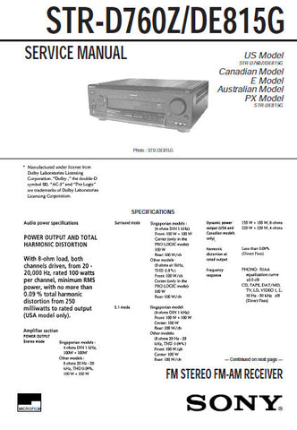 SONY STR-D760Z STR-DE815G FM STEREO FM AM RECEIVER SERVICE MANUAL INC BLK DIAGS PCBS SCHEM DIAGS AND PARTS LIST 72 PAGES ENG