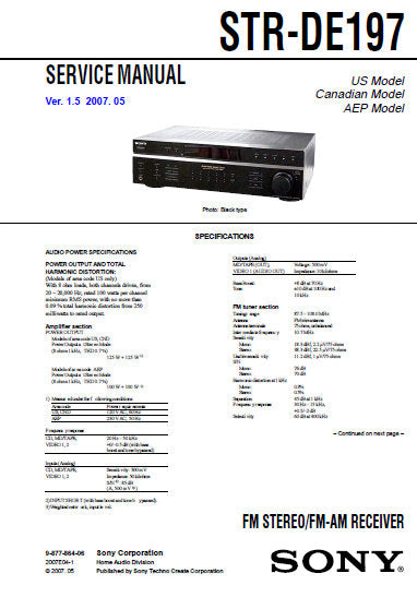 SONY STR-DE197 FM STEREO FM AM RECEIVER SERVICE MANUAL INC BLK DIAGS PCBS SCHEM DIAGS AND PARTS LIST 62 PAGES ENG