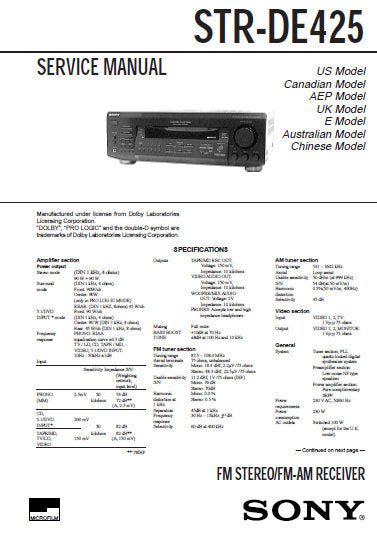 SONY STR-DE425 FM STEREO FM AM RECEIVER SERVICE MANUAL INC PCBS SCHEM DIAGS AND PARTS LIST 33 PAGES ENG