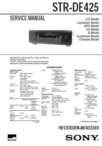 SONY STR-DE425 FM STEREO FM AM RECEIVER SERVICE MANUAL INC PCBS SCHEM DIAGS AND PARTS LIST 33 PAGES ENG