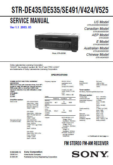 SONY STR-DE435 STR-DE535 STR-SE491 STR-V424 STR-V525 FM STEREO FM AM RECEIVER SERVICE MANUAL INC BLK DIAGS PCBS SCHEM DIAGS AND PARTS LIST 46 PAGES ENG