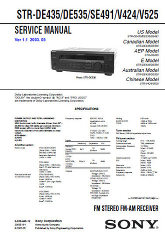 SONY STR-DE435 STR-DE535 STR-SE491 STR-V424 STR-V525 FM STEREO FM AM RECEIVER SERVICE MANUAL INC BLK DIAGS PCBS SCHEM DIAGS AND PARTS LIST 46 PAGES ENG