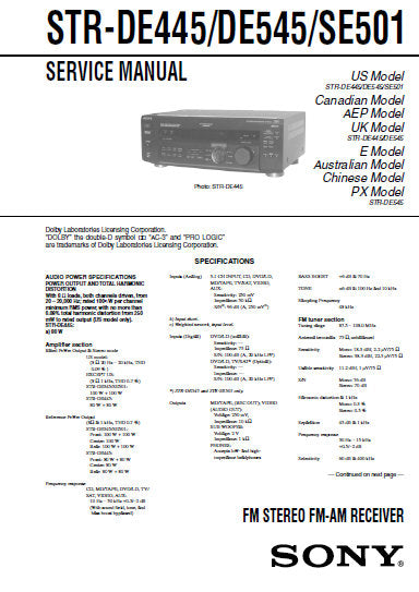 SONY STR-DE445 STR-DE545 STR-SE501 FM STEREO FM AM RECEIVER SERVICE MANUAL INC BLK DIAGS PCBS SCHEM DIAGS AND PARTS LIST 48 PAGES ENG