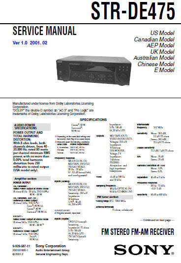 SONY STR-DE475 FM STEREO FM AM RECEIVER SERVICE MANUAL INC BLK DIAGS PCBS SCHEM DIAGS AND PARTS LIST 40 PAGES ENG