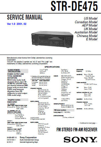 SONY STR-DE475 FM STEREO FM AM RECEIVER SERVICE MANUAL INC BLK DIAGS PCBS SCHEM DIAGS AND PARTS LIST 40 PAGES ENG