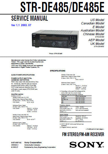 SONY STR-DE485 STR-DE485E FM STEREO FM AM RECEIVER SERVICE MANUAL INC BLK DIAGS PCBS SCHEM DIAGS AND PARTS LIST 68 PAGES ENG
