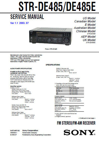 SONY STR-DE485 STR-DE485E FM STEREO FM AM RECEIVER SERVICE MANUAL INC BLK DIAGS PCBS SCHEM DIAGS AND PARTS LIST 68 PAGES ENG