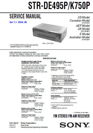 SONY STR-DE495P STR-DE495K STR-DE750P FM STEREO FM AM RECEIVER SERVICE MANUAL INC BLK DIAGS PCBS SCHEM DIAGS AND PARTS LIST 45 PAGES ENG